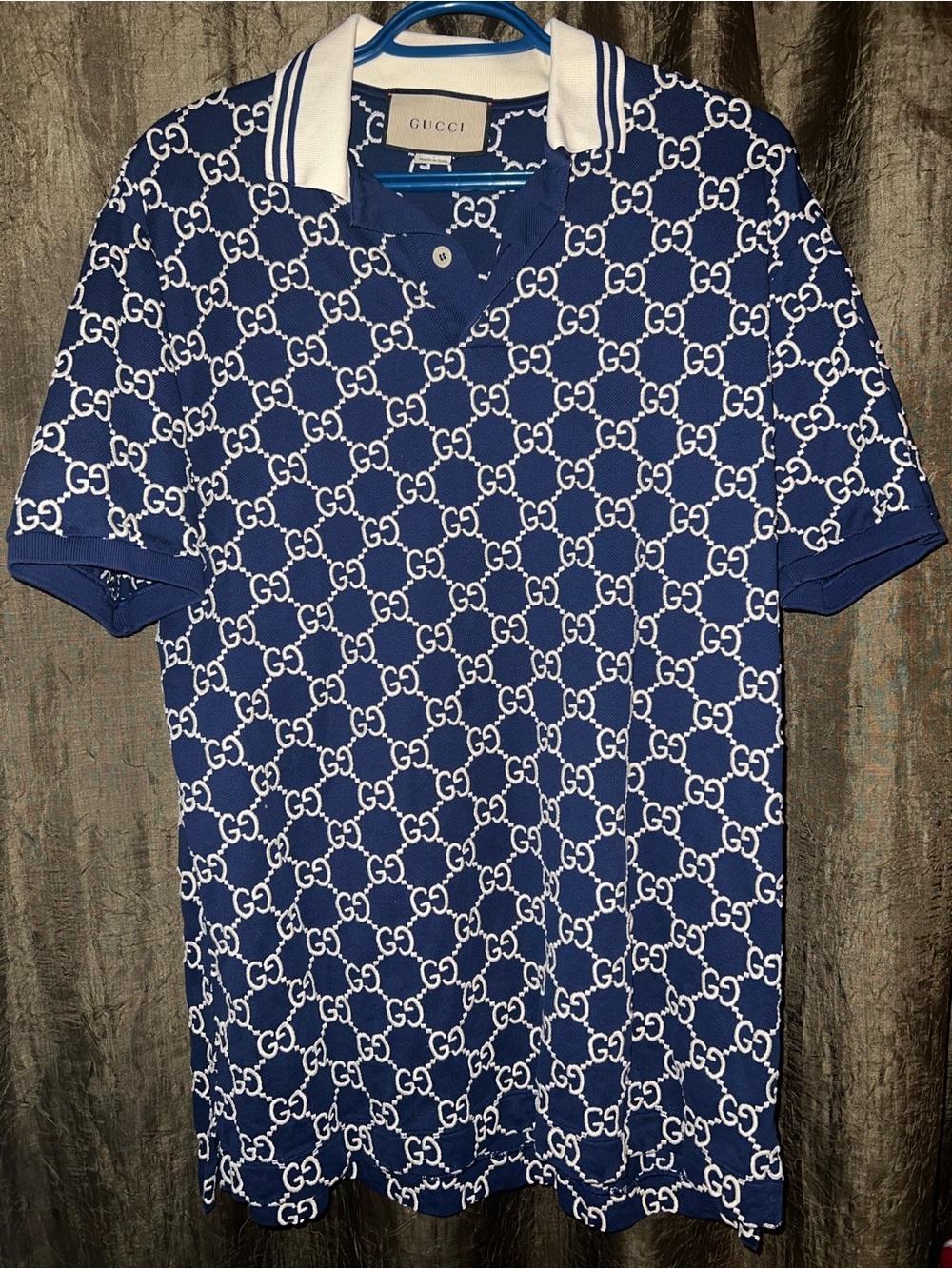 Gucci Blue Polo with White GG Monogram and Contrasting Collar